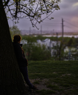 Carlier | Gebauer exhibition, depicting a woman leaning against a tree and looking at the sunset