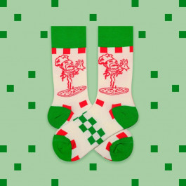 white socks with green and red accents and a picture of a chef with pizza lying on a green background