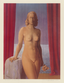 Sammlung Scharf-Gerstenberg exhibition, drawing by René Magritte, nude statue of a woman leaning on a stone plinth against a backdrop of parted curtains 